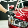 Car service worker applying nano coating on a car detail